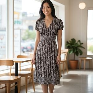 Women’s Floral Print Bohemian Dress V-Neck, Short Sleeve, Midi Length Size Small